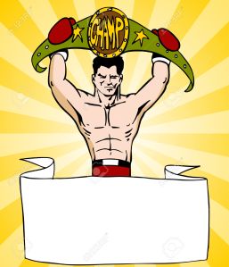 An image of a banner with a boxer fighter holding a championship belt.